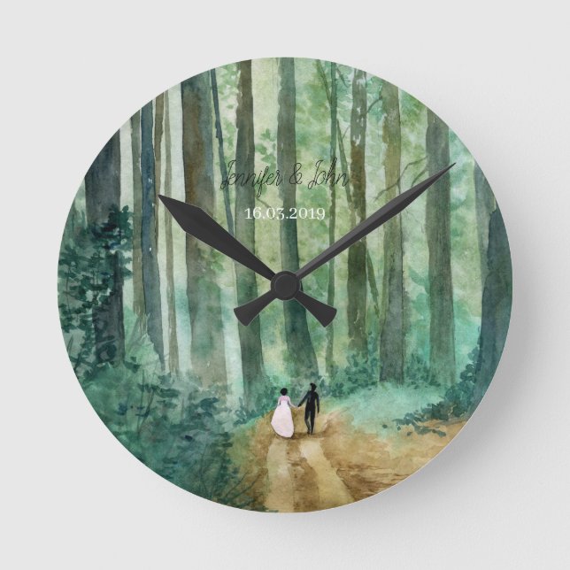 Reloj Redondo Mediano Paisaje arbolado de acuarela boda (Anverso)
