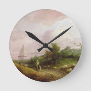 Reloj Redondo Mediano Paisaje costero con un pastor y su multitud, c