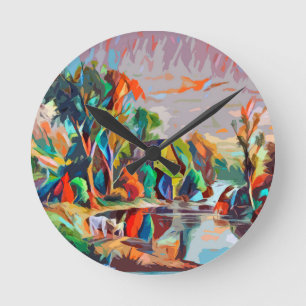 Reloj Redondo Mediano Paisaje de estanques de vacas de campo Resumen Art