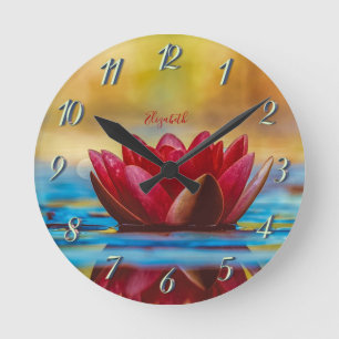 Reloj Redondo Mediano Paisaje de Flor de Loto Roja, Zen