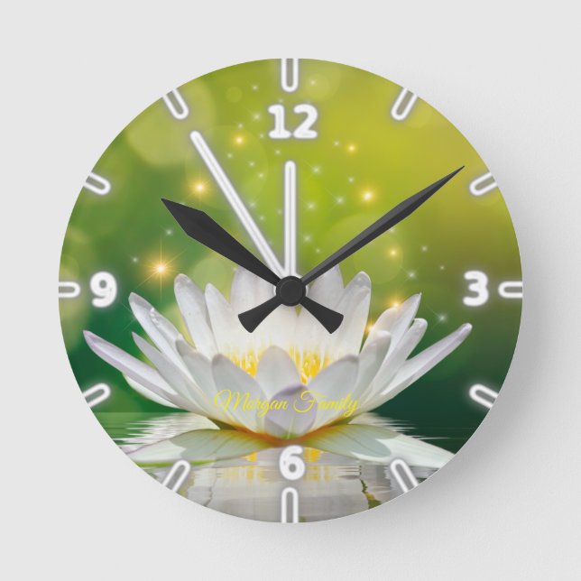 Reloj Redondo Mediano Paisaje de flores White Lotus, Zen (Anverso)