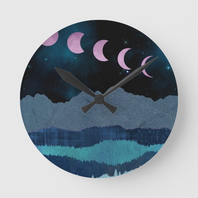 Reloj Redondo Mediano Paisaje de las fases rosadas de la luna (Anverso)