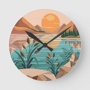 Reloj Redondo Mediano Paisaje de puesta de sol en lago de montaña pacífi
