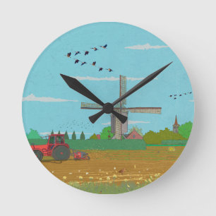 Reloj Redondo Mediano Paisaje del campo del molino de viento holandés