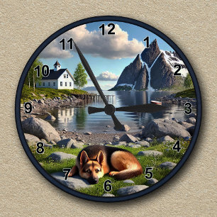 Reloj Redondo Mediano Paisaje del Pastor Alemán del personalizable Lakes