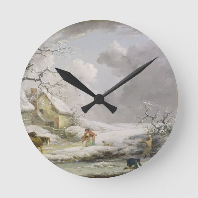 Reloj Redondo Mediano Paisaje invernal con hombres que nevan a una ancia (Anverso)