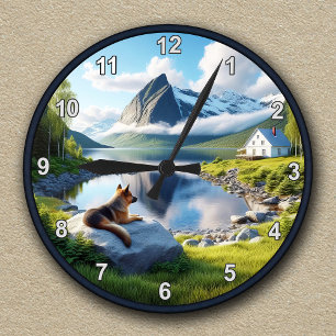 Reloj Redondo Mediano Paisaje junto al lago con pastor alemán personaliz