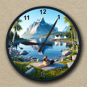 Reloj Redondo Mediano Paisaje junto al lago con pastor alemán personaliz