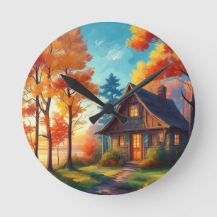 Reloj Redondo Mediano Paisaje natural con una cabaña en el bosque-68780