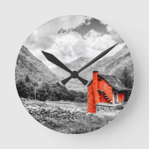 Reloj Redondo Mediano Paisaje rural Fotografía en blanco y negro