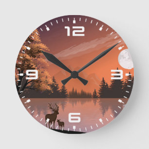 Reloj Redondo Mediano Paisaje Sunrise con Lago y Deers-51207