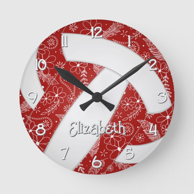 Reloj Redondo Mediano paisleys flores doodle voleibol de boho rojo (Anverso)