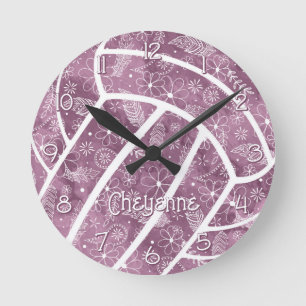 Reloj Redondo Mediano paisleys plumas flores voleibol de ciruela