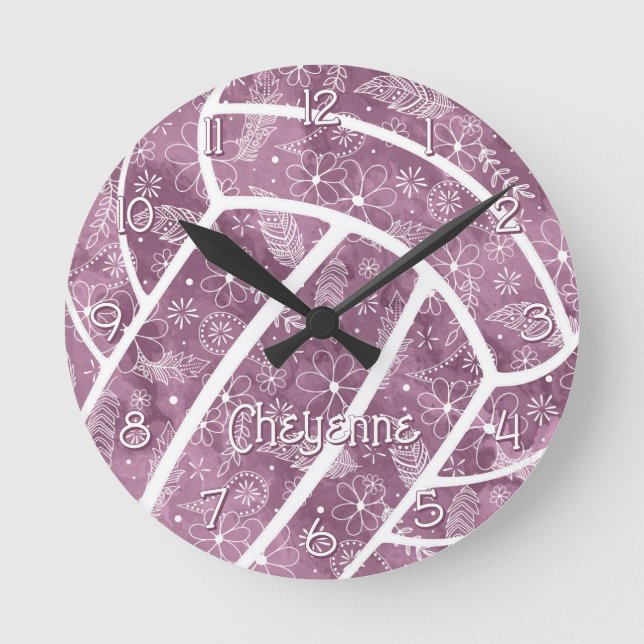 Reloj Redondo Mediano paisleys plumas flores voleibol de ciruela (Anverso)