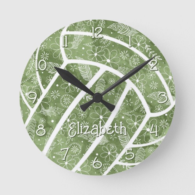 Reloj Redondo Mediano paislies plumas flores vaga voleibol verde (Anverso)