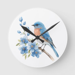 Reloj Redondo Mediano Pájaro azul con flores azules