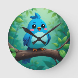 Reloj Redondo Mediano Pájaro azul de dibujos animados lindo