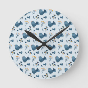 Reloj Redondo Mediano Pájaro azul lindo y patrón ilustrado de bayas