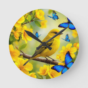 Reloj Redondo Mediano Pájaro Cantor Amarillo Brillante Posado en una Ram