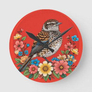 Reloj Redondo Mediano Pájaro Colorido en Rama enmarcado con Flores