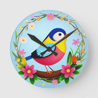 Reloj Redondo Mediano Pájaro Colorido Rodeado de Corona de Flores