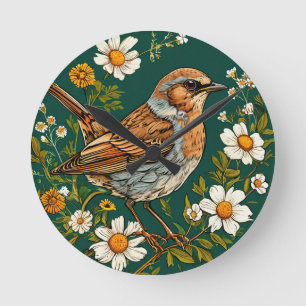 Reloj Redondo Mediano Pájaro Dunnock Colorido Entre Flores en Floración