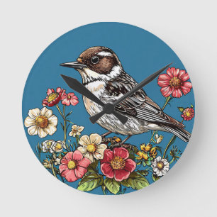 Reloj Redondo Mediano Pájaro enmarcado por flores vibrantes