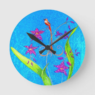 Reloj Redondo Mediano Pájaro Orquídea Pequeño y Bonito