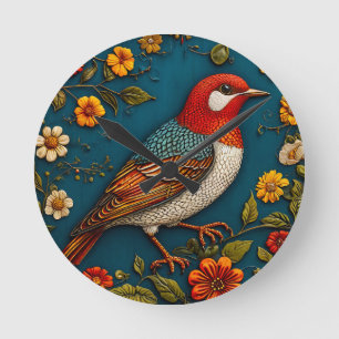 Reloj Redondo Mediano Pájaro Posado Entre Flores Coloridas