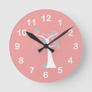 Reloj Redondo Mediano Pájaros Azules Fondo Rosa Árbol Caprichoso