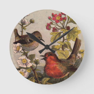 Reloj Redondo Mediano Pájaros Cantores Robin Botánico Floral Vintage