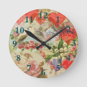 Reloj Redondo Mediano Pájaros de Amor Vintage Antiguo Corazón