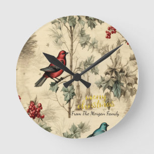 Reloj Redondo Mediano Pájaros de Navidad vintage con acebo y bayas