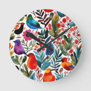 Reloj Redondo Mediano Pájaros florales y coloridos