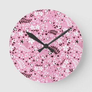Reloj Redondo Mediano pájaros lindos y flores patrón rosa