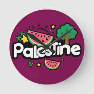 Reloj Redondo Mediano Palabra palestina escueta rodeada por un árbol de 