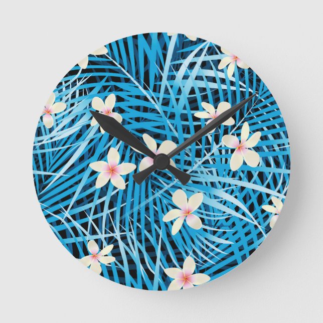 Reloj Redondo Mediano Palm Leaves Blue Pattern (Anverso)