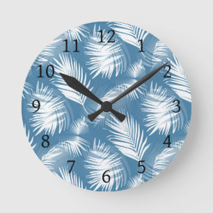 Reloj Redondo Mediano Palm Leaves Diseño Blanco Azul 272