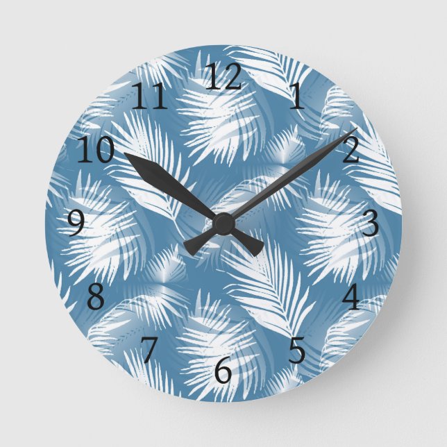 Reloj Redondo Mediano Palm Leaves Diseño Blanco Azul 272 (Anverso)