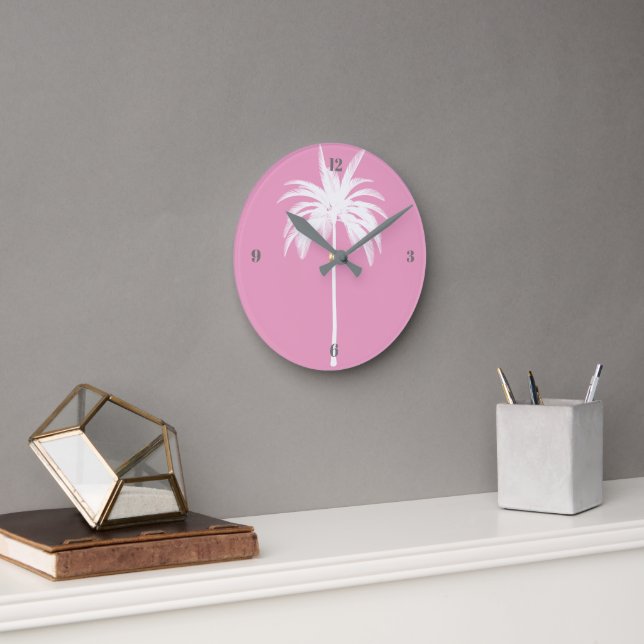 Reloj Redondo Mediano Palm Tree rosa tropical elegante moderno (Oficina)