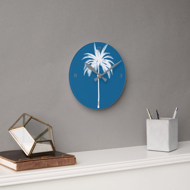 Reloj Redondo Mediano Palm Tree Tropical Blue Elegant Moderno (Oficina)