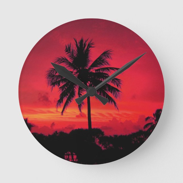 Reloj Redondo Mediano Palm Trees Exóticas Rojas de Hawaii Sunset (Anverso)