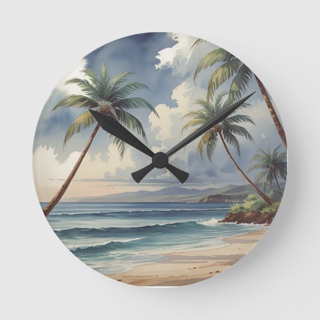 Reloj Redondo Mediano Palm Trees Hawaiian Travel Honolulu Blue Sea (Anverso)