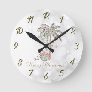 Reloj Redondo Mediano Palmera de Navidad,Regalo,Luces de Cadena,Bokeh