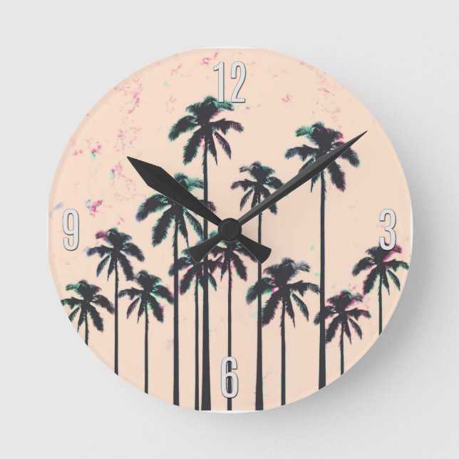 Reloj Redondo Mediano Palmeras negras alineadas neón en horizonte del (Anverso)
