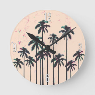 Reloj Redondo Mediano Palmeras negras alineadas neón en horizonte del
