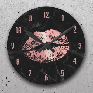 Reloj Redondo Mediano Palo de labios de oro Rosa besando mármol negro mo