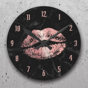 Reloj Redondo Mediano Palo de labios de oro Rosa besando mármol negro mo