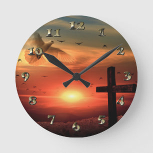 Reloj Redondo Mediano Palo y cruz de la resurrección del atardecer