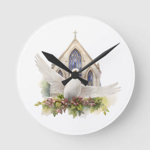 Reloj Redondo Mediano Paloma blanca con iglesia